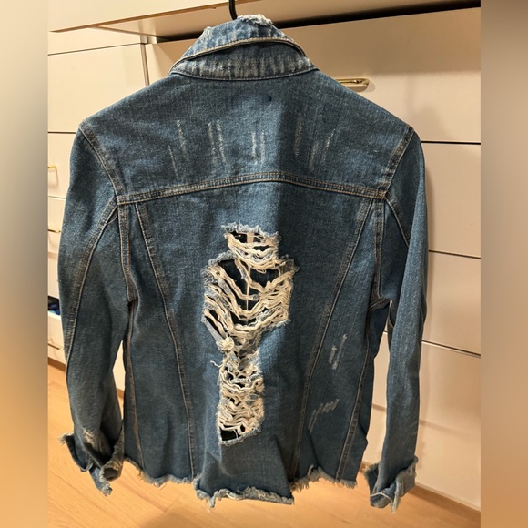 Distressed Denim Jacket, Metallic Silver Rivets, Designed by Nameless, Medium - Picture 2 of 3
